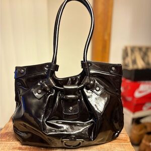 Authentic Salvatore Ferragamo Black Patent Leather Celtico Satchel